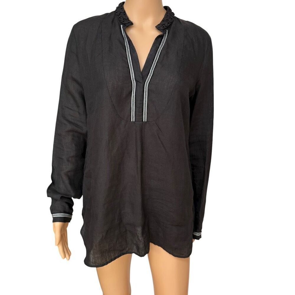 Max Volmary 100% Linen Tunic Top Long Sleeve black  Embellished Size 6